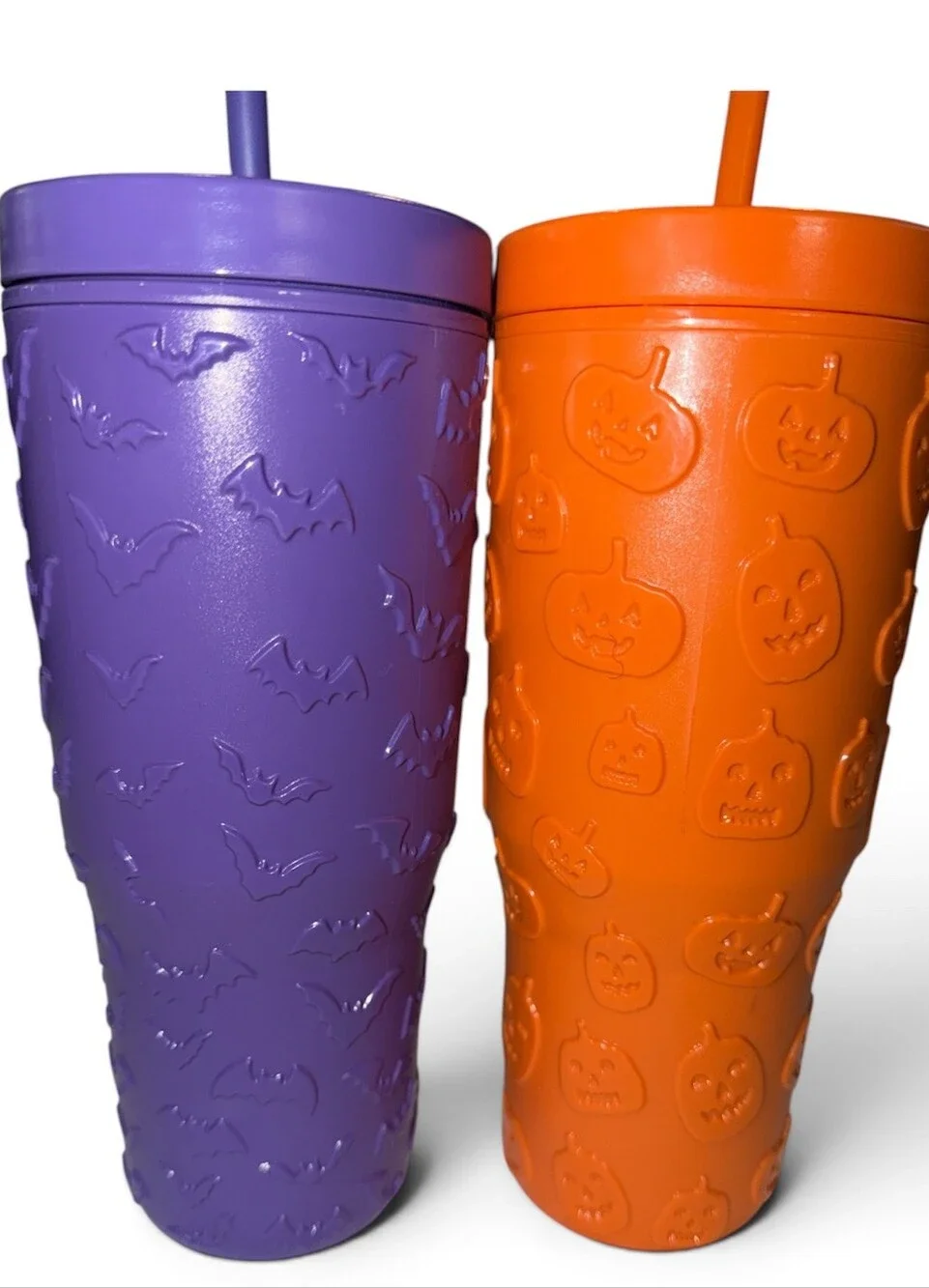 2 Halloween Embossed Bat & Pumpkin Reusable Tumbler Set